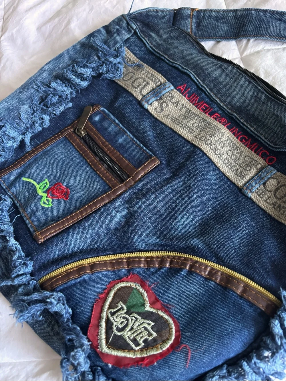 Denim Fringe Crossbody Bag with Rose & Heart Embroidery